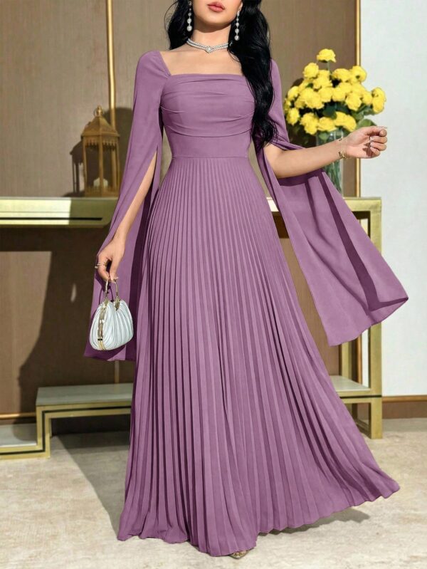 modelyn فستان أنيق بأكمام طويلة مطوي بياقة مربعة وتصميم لون سادة مع شق 4