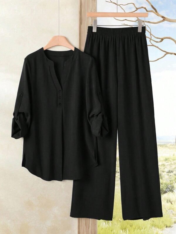 shein lune بدلة كاجوال للنساء تتكون من قميص بياقة على شكل حرف v وأكمام مكسرة، وبنطال ذو ساق واسعة shein lune بدلة كاجوال للنساء تتكون من قميص بياقة على شكل حرف v وأكمام مكسرة، وبنطال ذو ساق واسعة