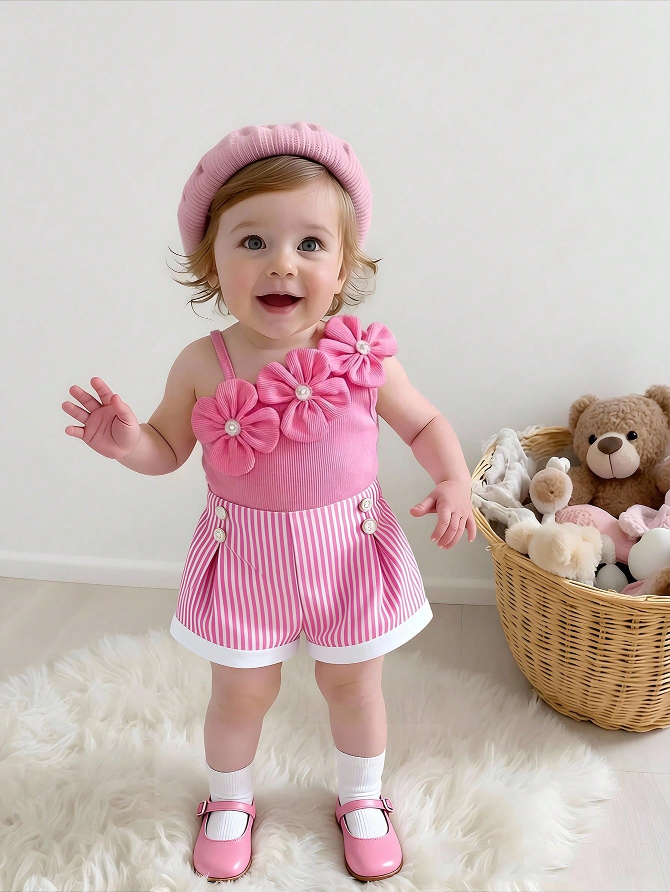 shein elladie kids ملابس صيفية كيوت للبنات الرضع من قطعتين، تتكون من ملابس علوية كتف واحد مزخرفة بالأزهار باللونين الوردي والأبيض، وشورت بخصر مطاطي، مناسبة لملابس عيد الميلاد 4