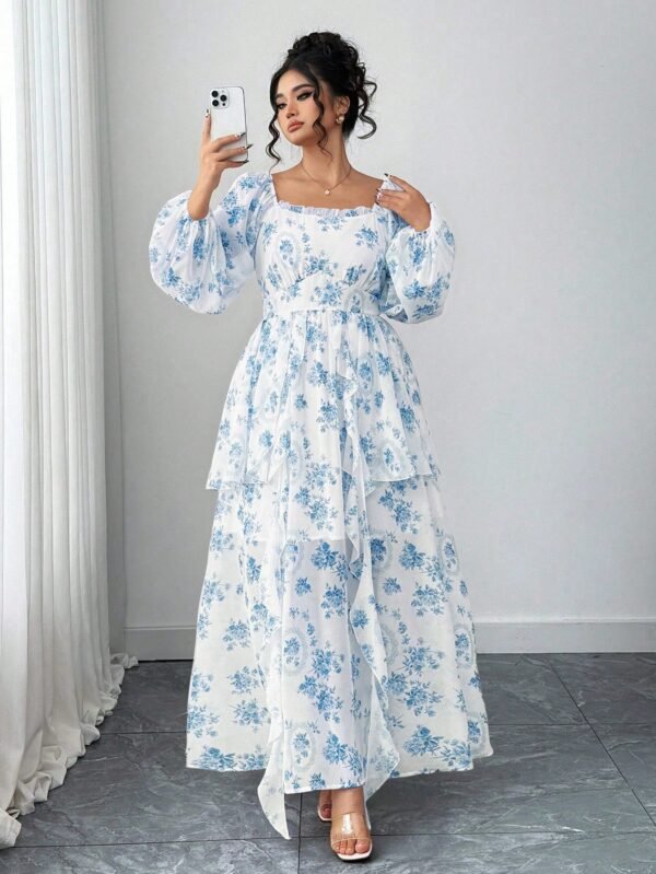 elenzga فستان أنيق للمرأة ذات الحجم الكبير بأكمام فانوس وطبقات من الكشكشة بتصميم زهري 1