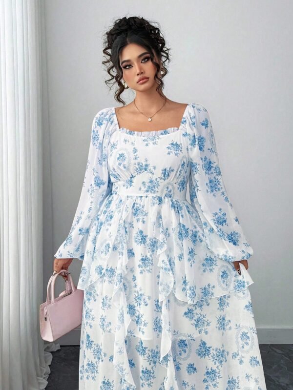 elenzga فستان أنيق للمرأة ذات الحجم الكبير بأكمام فانوس وطبقات من الكشكشة بتصميم زهري 10