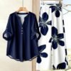 shein lune بدلة كاجوال للنساء تتكون من قميص بياقة على شكل حرف v وأكمام مكسرة، وبنطال ذو ساق واسعة 3