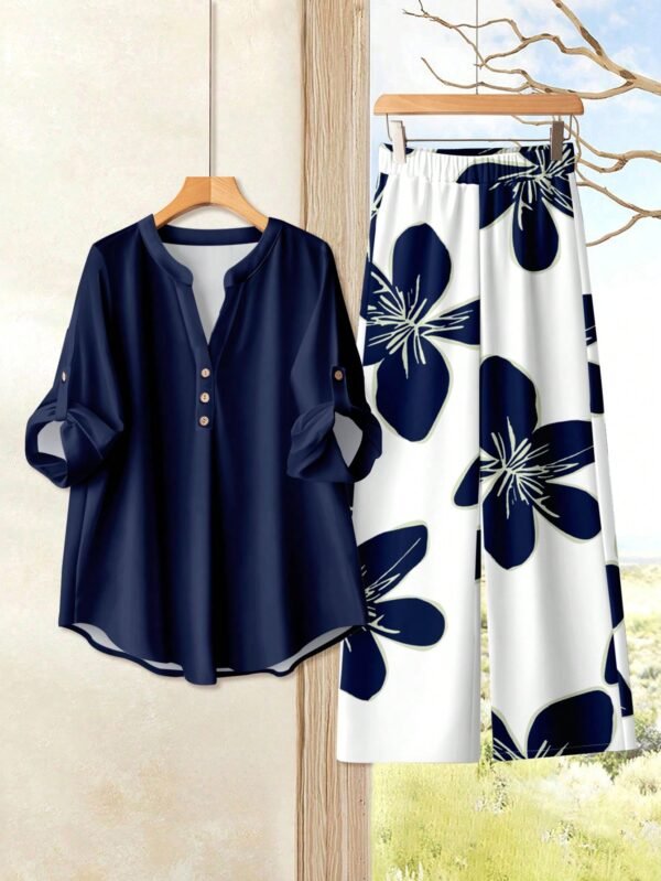 shein lune بدلة كاجوال للنساء تتكون من قميص بياقة على شكل حرف v وأكمام مكسرة، وبنطال ذو ساق واسعة 3