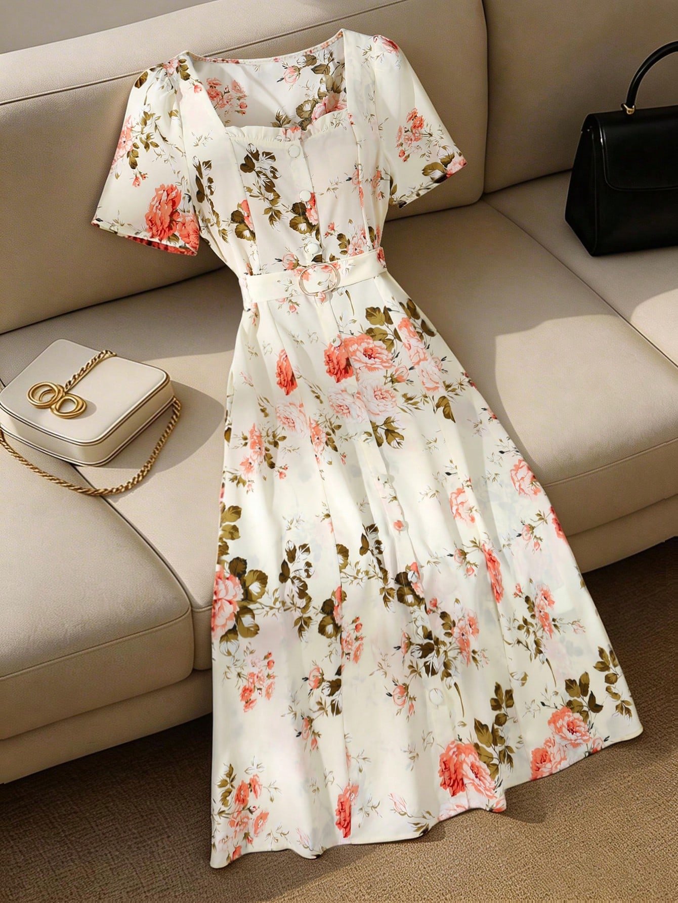shein franclia فستان أنيق أكمام قصيرة ذو رقبة قلب، أمامي بأزرار، خصر ملتف shein franclia فستان أنيق أكمام قصيرة ذو رقبة قلب، أمامي بأزرار، خصر ملتف