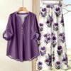 shein lune بدلة كاجوال للنساء تتكون من قميص بياقة على شكل حرف v وأكمام مكسرة، وبنطال ذو ساق واسعة 2