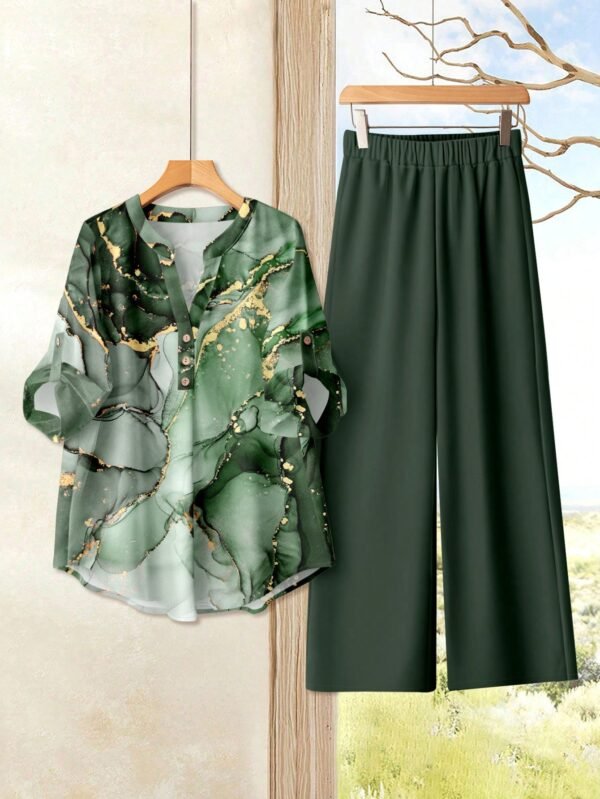 shein lune بدلة كاجوال للنساء تتكون من قميص بياقة على شكل حرف v وأكمام مكسرة، وبنطال ذو ساق واسعة 1