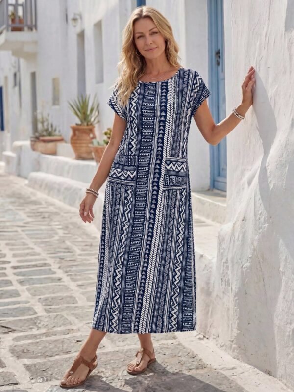shein lune فستان نسائي بياقة مستديرة وأكمام قصيرة بخفقان الخفيفة مع طباعة هندسية لإجازة 11