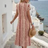 shein lune فستان نسائي بياقة مستديرة وأكمام قصيرة بخفقان الخفيفة مع طباعة هندسية لإجازة 14