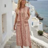shein lune فستان نسائي بياقة مستديرة وأكمام قصيرة بخفقان الخفيفة مع طباعة هندسية لإجازة 15