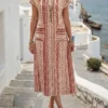 shein lune فستان نسائي بياقة مستديرة وأكمام قصيرة بخفقان الخفيفة مع طباعة هندسية لإجازة 17