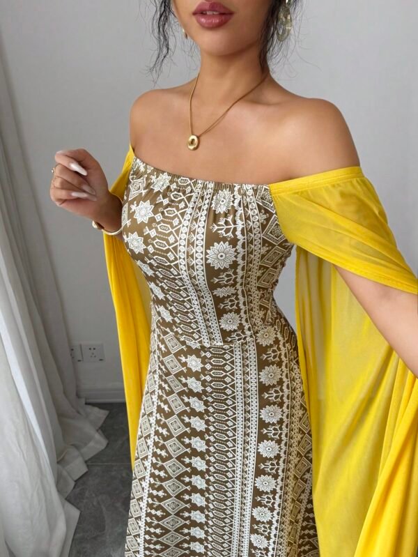shein franclia فستان عطلة أخضر كاجوال بأكمام طويلة مطبوع بتباين الشبكة 3