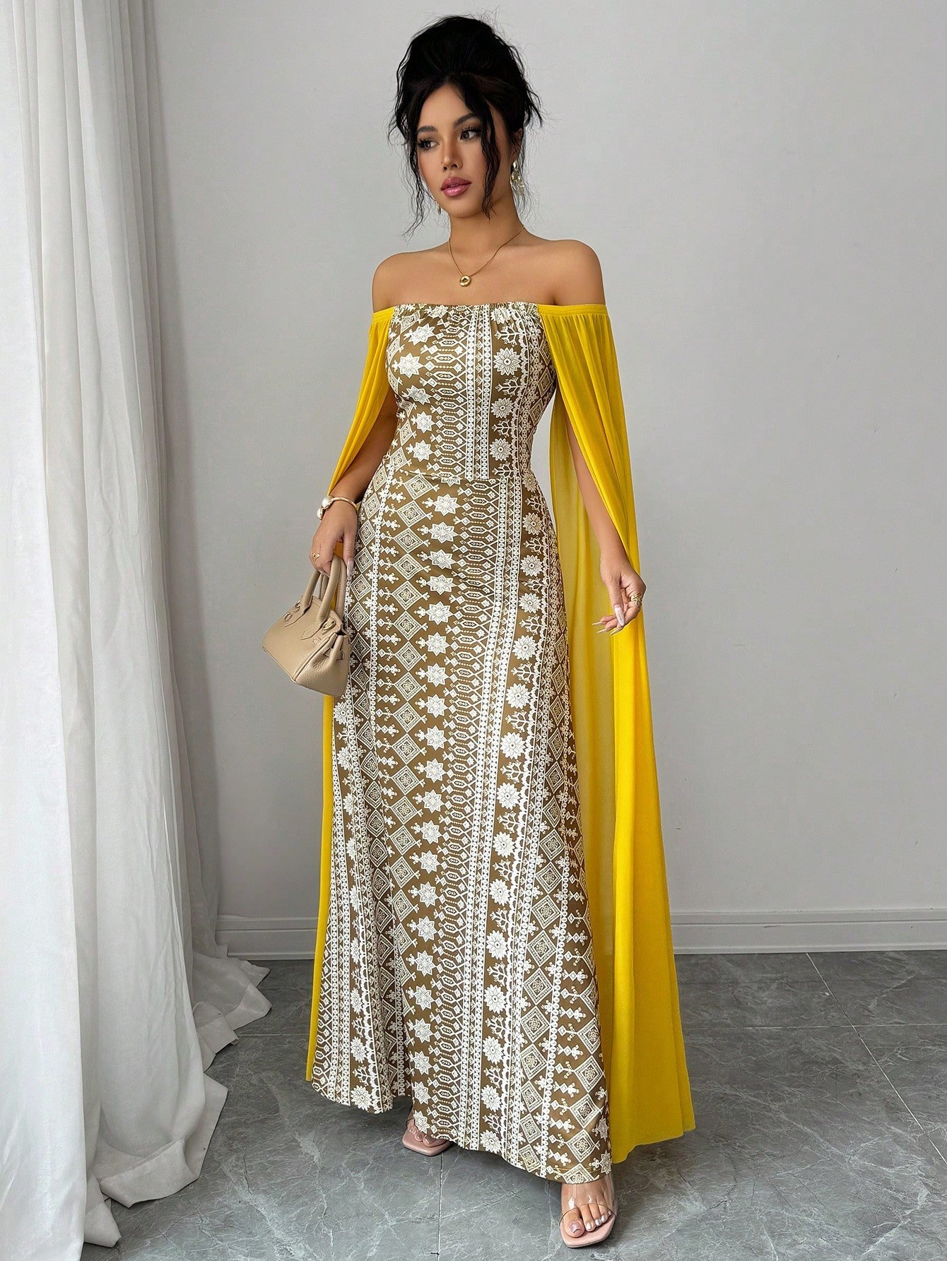 shein franclia فستان عطلة أخضر كاجوال بأكمام طويلة مطبوع بتباين الشبكة 4