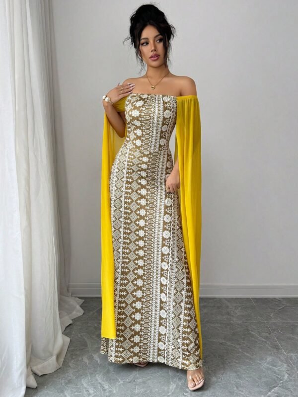 shein franclia فستان عطلة أخضر كاجوال بأكمام طويلة مطبوع بتباين الشبكة 6