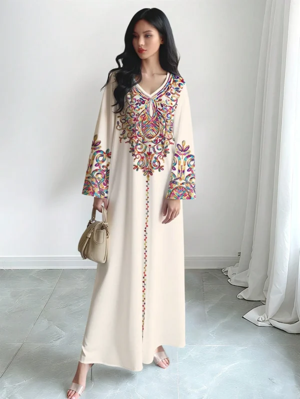 shein najma فستان ماكسي أنيق بطبعة رقمية ملونة بنمط الكرمة، طويل الأكمام وياقة على شكل حرف v، للربيع والخريف 15