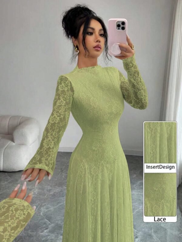 modelyn فستان نسائي بياقة عالية وخصر مشدود بالدانتيل باللون الأحمر 6