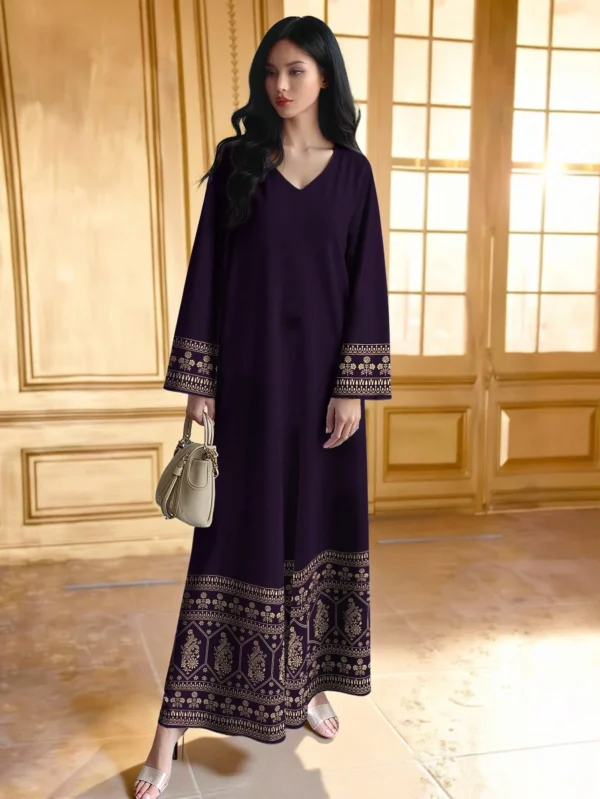 shein najma فستان طويل الأكمام بياقة على شكل حرف v مزخرف بطبعات هندسية وزهرية متناظرة للنساء، فستان أنيق بطراز عربي، للربيع/الصيف 8