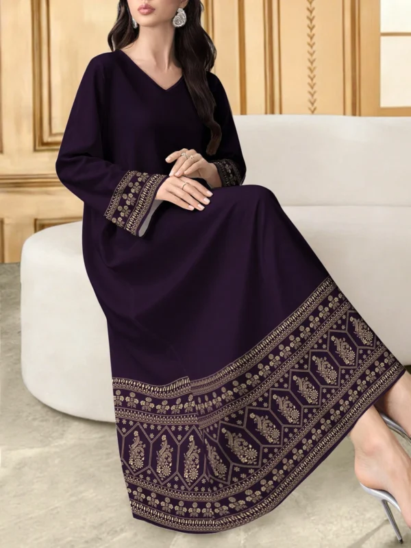 shein najma فستان طويل الأكمام بياقة على شكل حرف v مزخرف بطبعات هندسية وزهرية متناظرة للنساء، فستان أنيق بطراز عربي، للربيع/الصيف 9