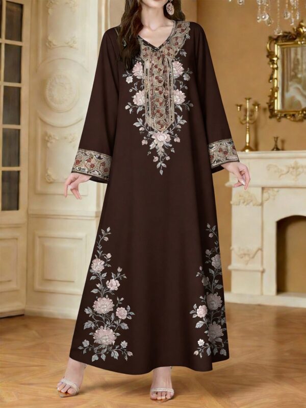 shein najma فستان ماكسي أنيق بطبعة رقمية ملونة بنمط الكرمة، طويل الأكمام وياقة على شكل حرف v، للربيع والخريف 4