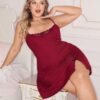 slumberry curve قميص نوم قصير مريح مزين بالدانتيل والربطة العنق، مقاس كبير، لون أحمر 5