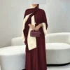 3 قطع مجموعة عباءة أنيقة بلون أحادي طويلة الأكمام مفتوحة + رداء بلا أكمام + وشاح مطابق، مجموعة عباءة 3 قطع مع وشاح، ملابس عربية ربيعية باللون الأحمر 6