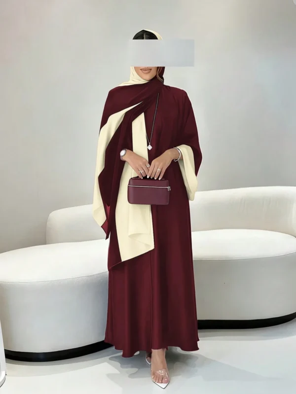 3 قطع مجموعة عباءة أنيقة بلون أحادي طويلة الأكمام مفتوحة + رداء بلا أكمام + وشاح مطابق، مجموعة عباءة 3 قطع مع وشاح، ملابس عربية ربيعية باللون الأحمر 6