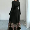 al najma فستان ماكسي أنيق بأكمام طويلة وياقة طاقم، بطبعات زهرية وأسود، تصميم مشدود للخصر للنساء في الربيع 15