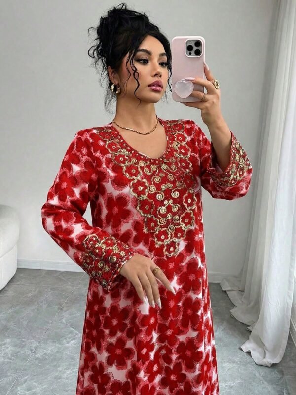 al najma فستان أنيق للنساء بياقة مستديرة وأكمام طويلة بطراز عربي 1