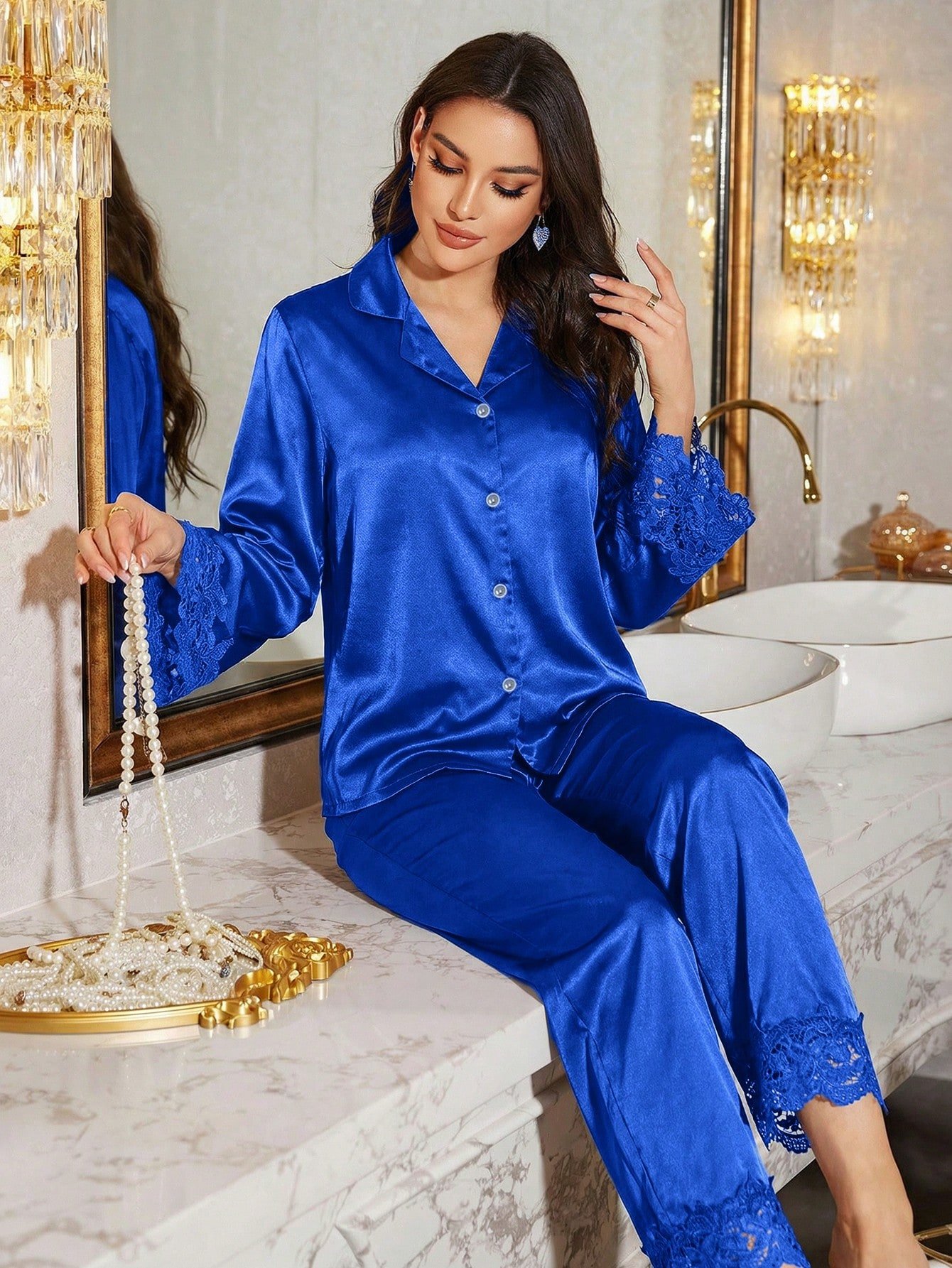 luxenights مجموعة بيجامة نسائية مكونة من قطعتين، مزينة بتفاصيل من الدانتيل، ملابس شتوية مريحة وأنيقة 4