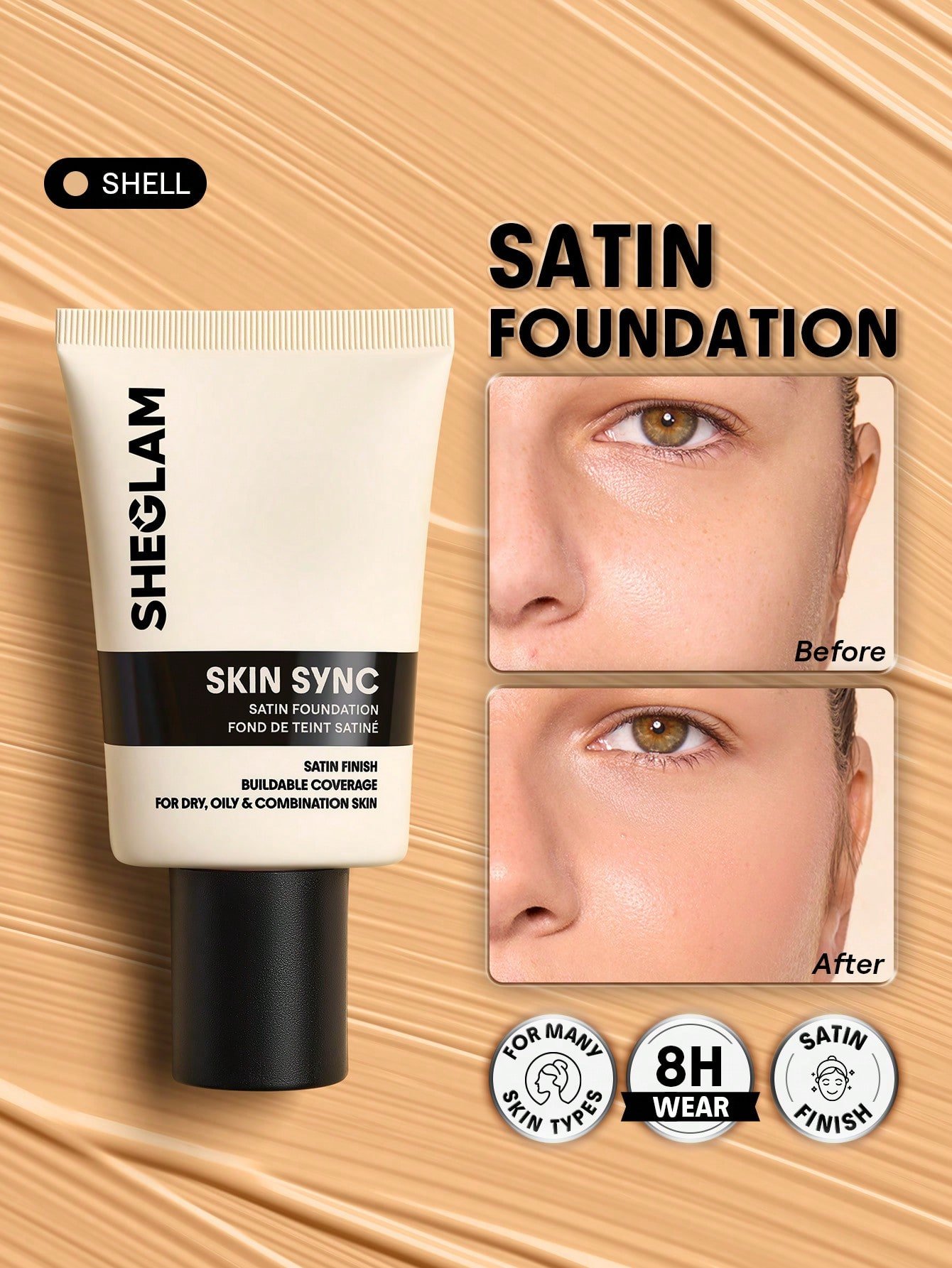 sheglam skin sync satin كريم أساس fair علامة تجارية جمال مكياج ميكب مستحضرات تجميل للنساء الفتيات مثالي لفصل الصيف الربيع مثالي ل y2k أزياء أنيقة عيد الأم هدية حفلة جاهز أفضل لون 6