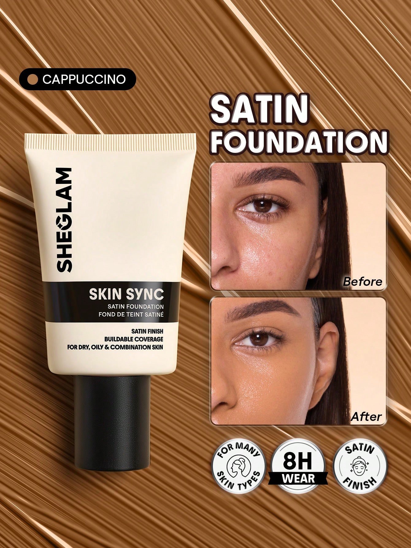 sheglam skin sync satin كريم أساس fair علامة تجارية جمال مكياج ميكب مستحضرات تجميل للنساء الفتيات مثالي لفصل الصيف الربيع مثالي ل y2k أزياء أنيقة عيد الأم هدية حفلة جاهز أفضل لون 21