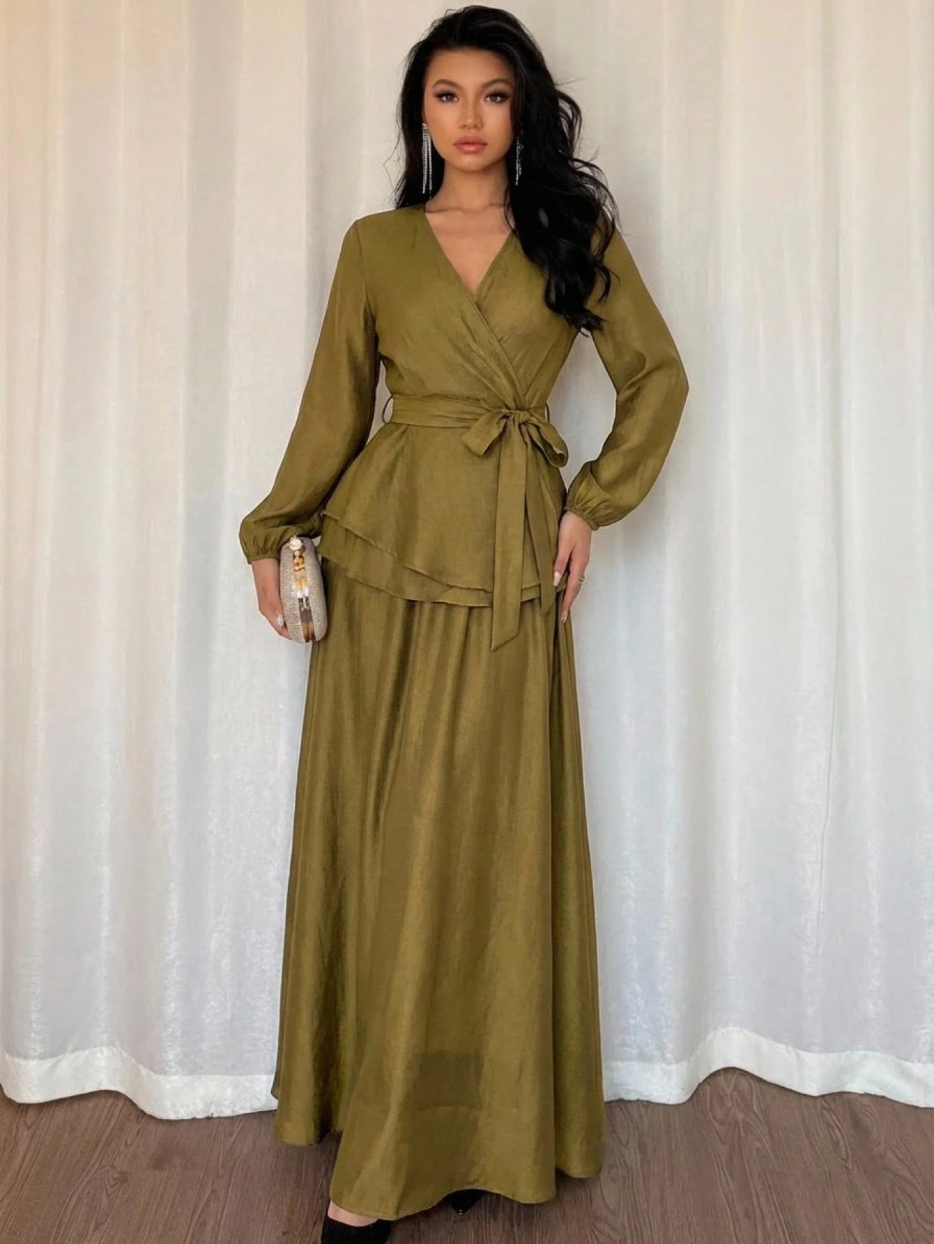 dazy مجموعة قميص وتنورة ذات لون أساسي أنيق للنساء، قميص بياقة على شكل حرف v وحزام، وتنورة على شكل حرف a، مناسبة للربيع والصيف، وحفلات الزفاف 21