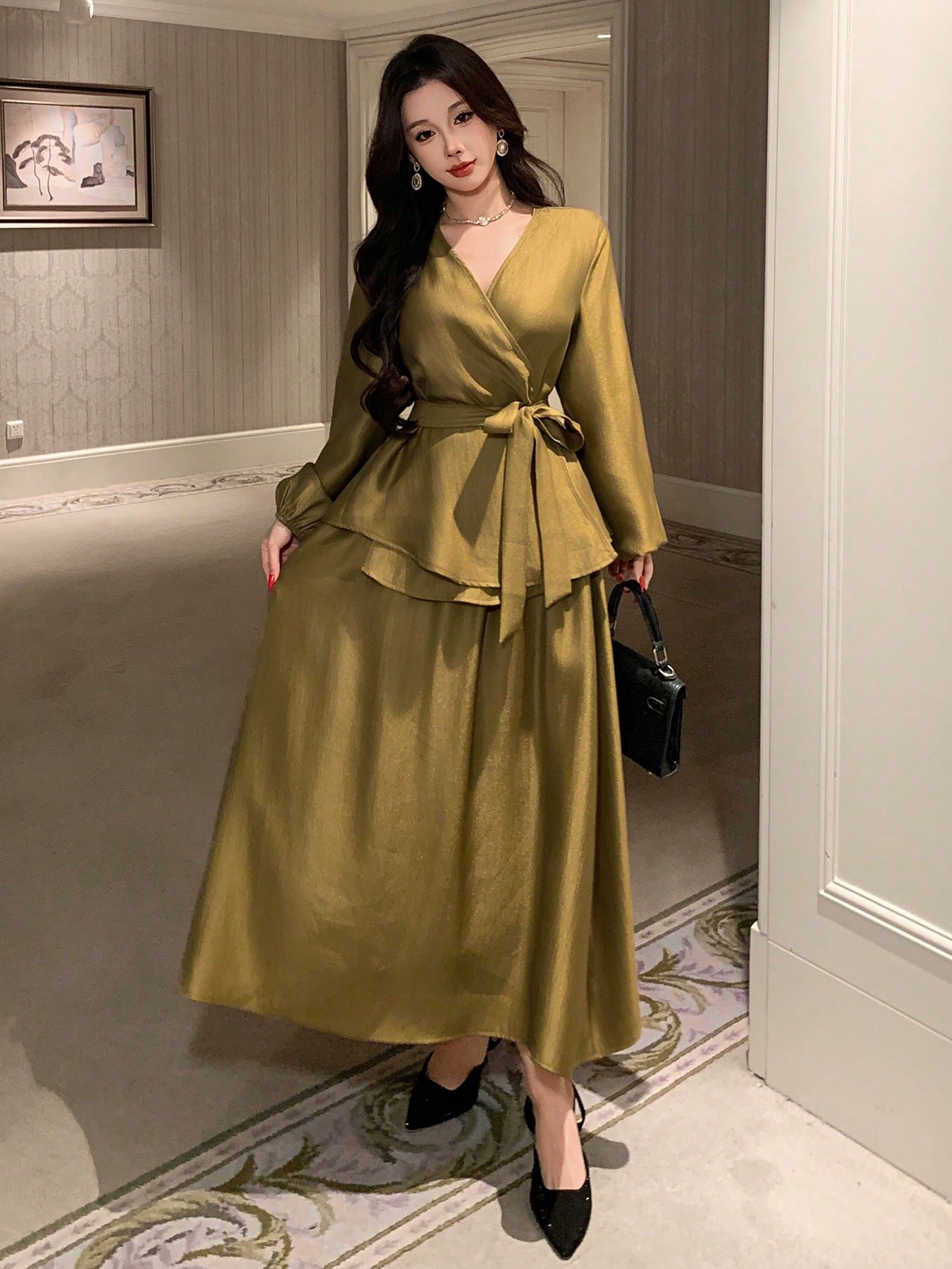 dazy مجموعة قميص وتنورة ذات لون أساسي أنيق للنساء، قميص بياقة على شكل حرف v وحزام، وتنورة على شكل حرف a، مناسبة للربيع والصيف، وحفلات الزفاف 25