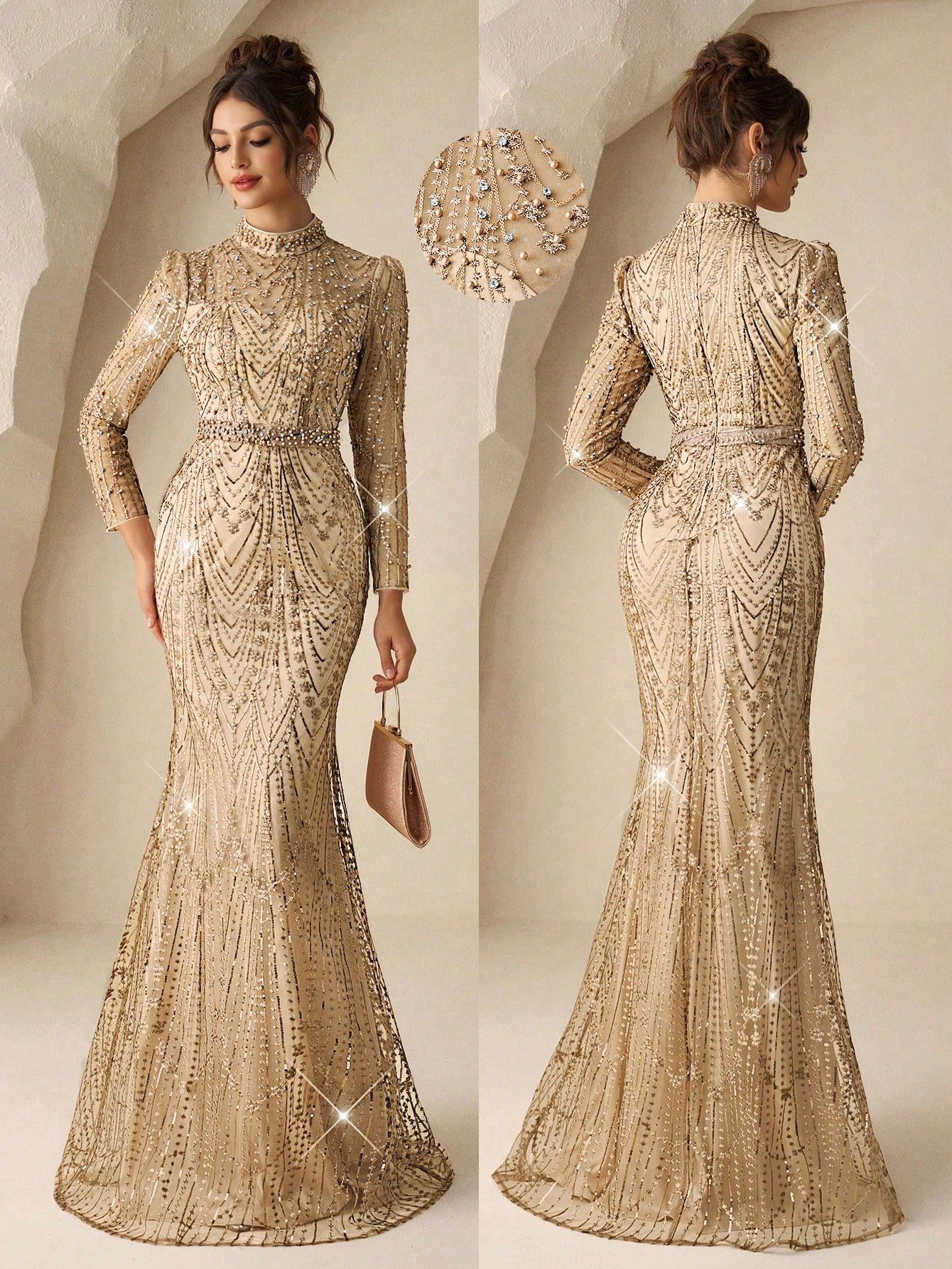 coutiva فستان سهرة رسمي أنيق بتصميم طويل الأكمام وتنورة ذيل السمكة، مزين بالترتر والتطريز واللؤلؤ والراين ستون، مصمم لضيوف الزفاف وحفلات الكرة والعشاء 3