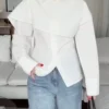 قميص نسائي أنيق للتنقل بتصميم غير متماثل، طويل الأكمام، لون أبيض، ربطة خلفية غير متماثلة، مناسب للارتداء في المكتب والمناسبات الرسمية والمواعيد، للربيع والصيف 8