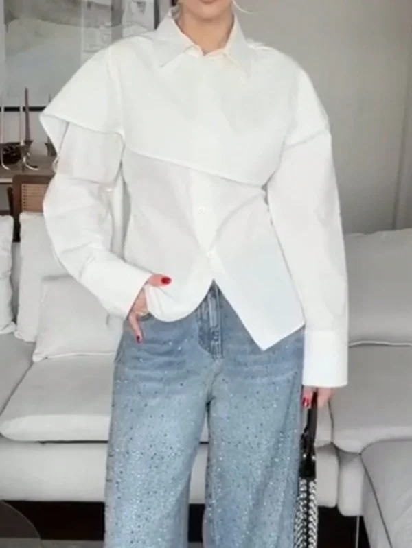 قميص نسائي أنيق للتنقل بتصميم غير متماثل، طويل الأكمام، لون أبيض، ربطة خلفية غير متماثلة، مناسب للارتداء في المكتب والمناسبات الرسمية والمواعيد، للربيع والصيف 7