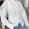 قميص نسائي أنيق للتنقل بتصميم غير متماثل، طويل الأكمام، لون أبيض، ربطة خلفية غير متماثلة، مناسب للارتداء في المكتب والمناسبات الرسمية والمواعيد، للربيع والصيف 6