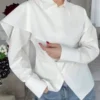 قميص نسائي أنيق للتنقل بتصميم غير متماثل، طويل الأكمام، لون أبيض، ربطة خلفية غير متماثلة، مناسب للارتداء في المكتب والمناسبات الرسمية والمواعيد، للربيع والصيف 5