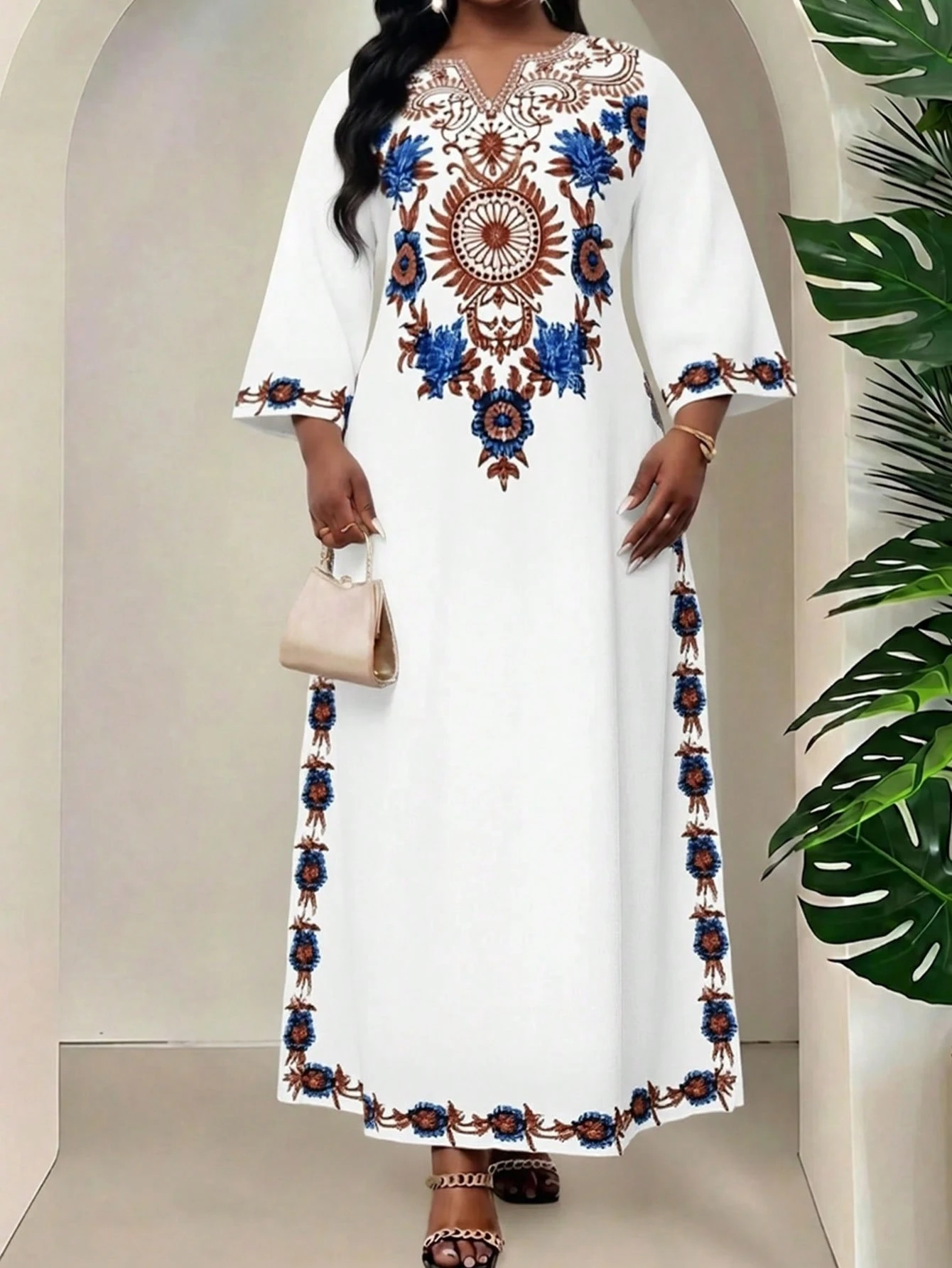 shein lady فستان كاجوال للعطلات مطبوع بالزهور مع فتحة في الرقبة مقاس كبير 3
