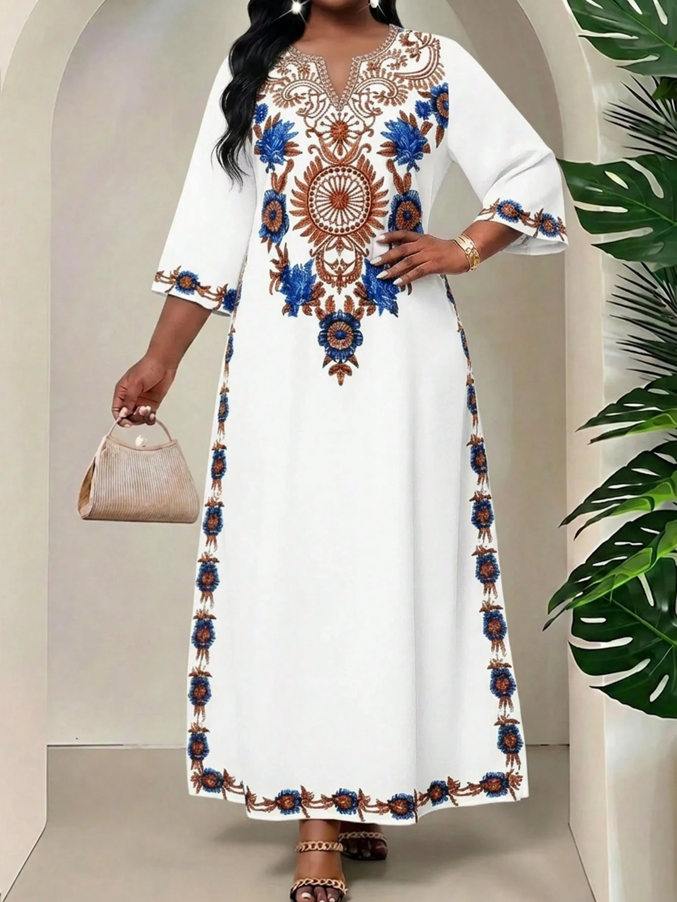 shein lady فستان كاجوال للعطلات مطبوع بالزهور مع فتحة في الرقبة مقاس كبير 5