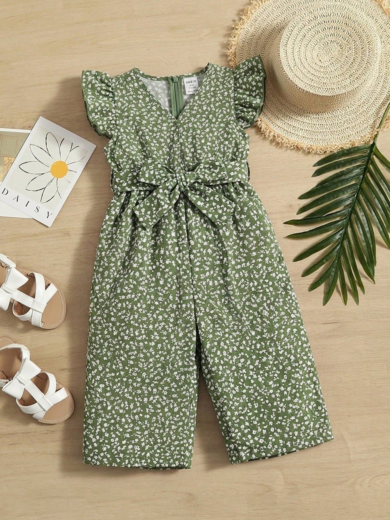 shein هدية فتاة رضيعة سالوبيت منقوش بنقاط بتصميم مزين بأكمام واسعة وحزام قابل للتعديل 3