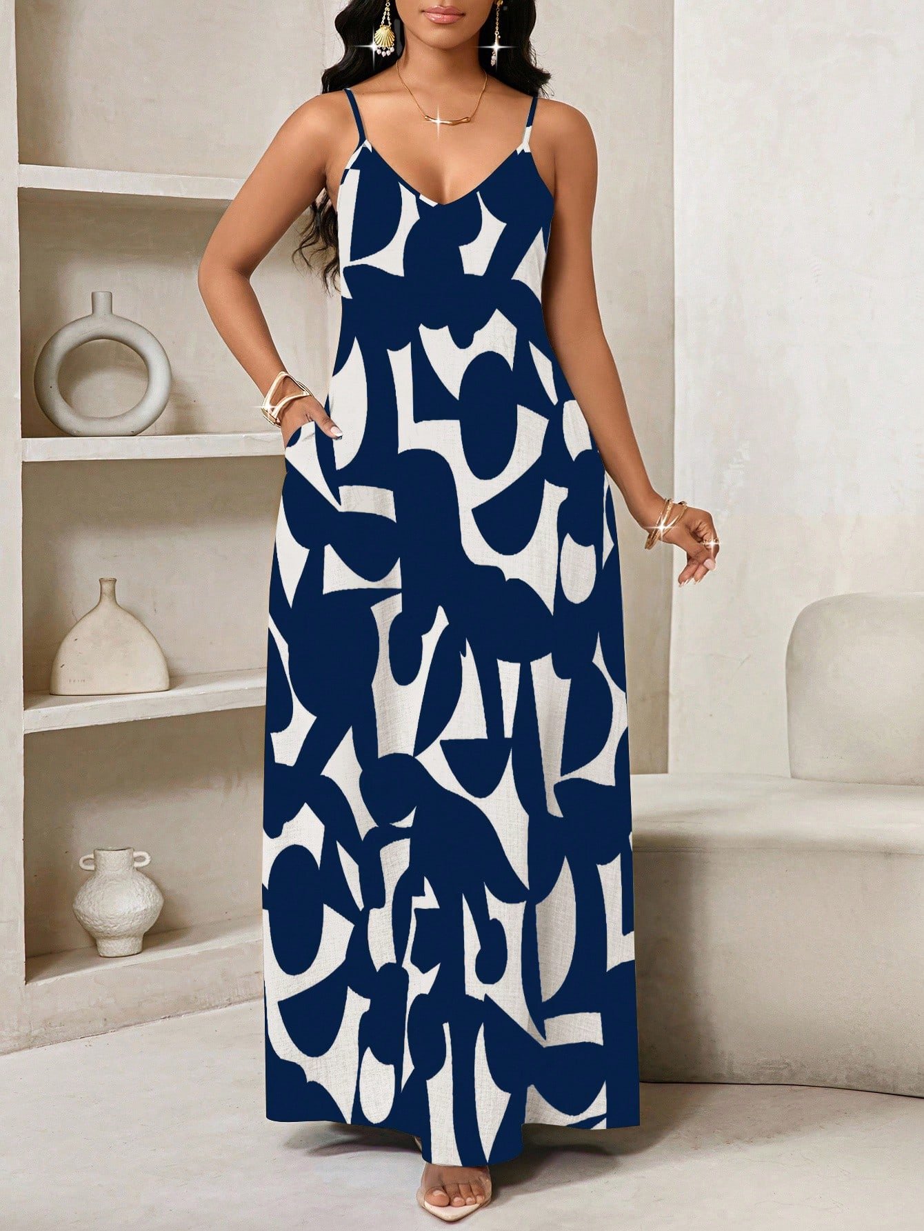 shein lady فستان انزلاقي طويل مطبوع بنمط هندسي مناسب للارتداء اليومي العادي 16