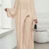 shein lady طقم بلوزة وبنطلون واسع الساق ذو لون أحادي وحافة غير متماثلة، طقم كاجوال مكون من قطعتين للنساء 2