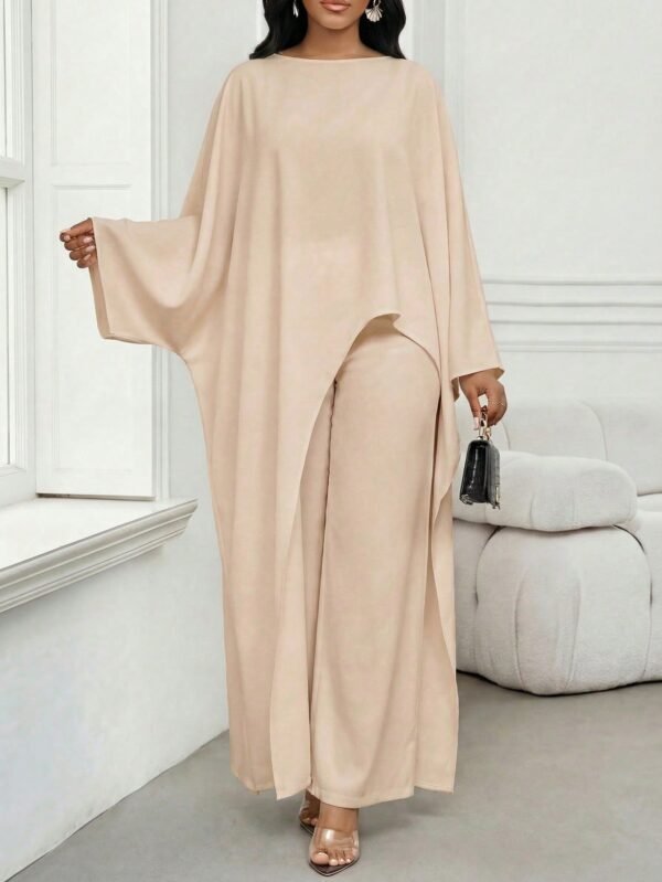 shein lady طقم بلوزة وبنطلون واسع الساق ذو لون أحادي وحافة غير متماثلة، طقم كاجوال مكون من قطعتين للنساء 2