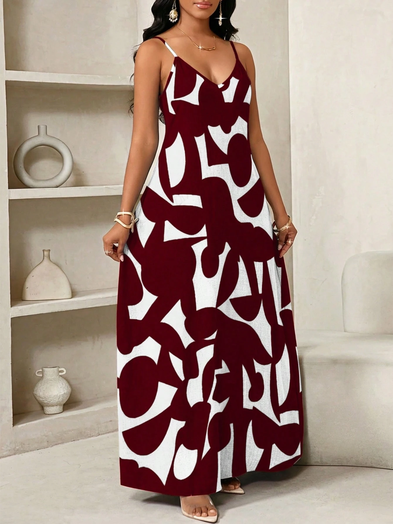 shein lady فستان انزلاقي طويل مطبوع بنمط هندسي مناسب للارتداء اليومي العادي 22