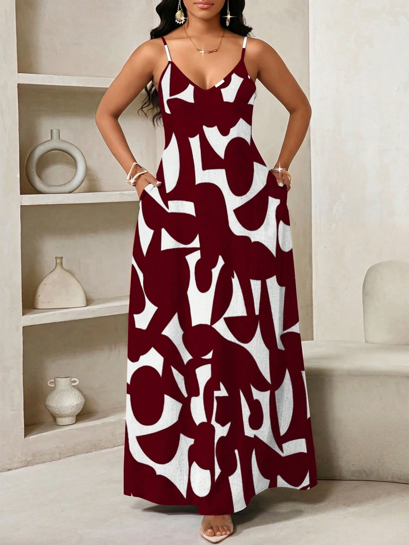 shein lady فستان انزلاقي طويل مطبوع بنمط هندسي مناسب للارتداء اليومي العادي 23