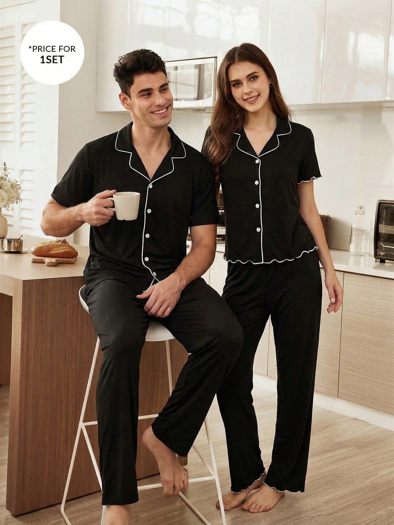 coupledup ملابس علوية وبنطلون قطني ناعم ذو تصميم مريح، مجموعة ملابس منزلية/نوم كاجوال للأزواج، بياقة كاكي وخطوط سوداء على الحواف coupledup ملابس علوية وبنطلون قطني ناعم ذو تصميم مريح، مجموعة ملابس منزلية/نوم كاجوال للأزواج، بياقة كاكي وخطوط سوداء على الحواف