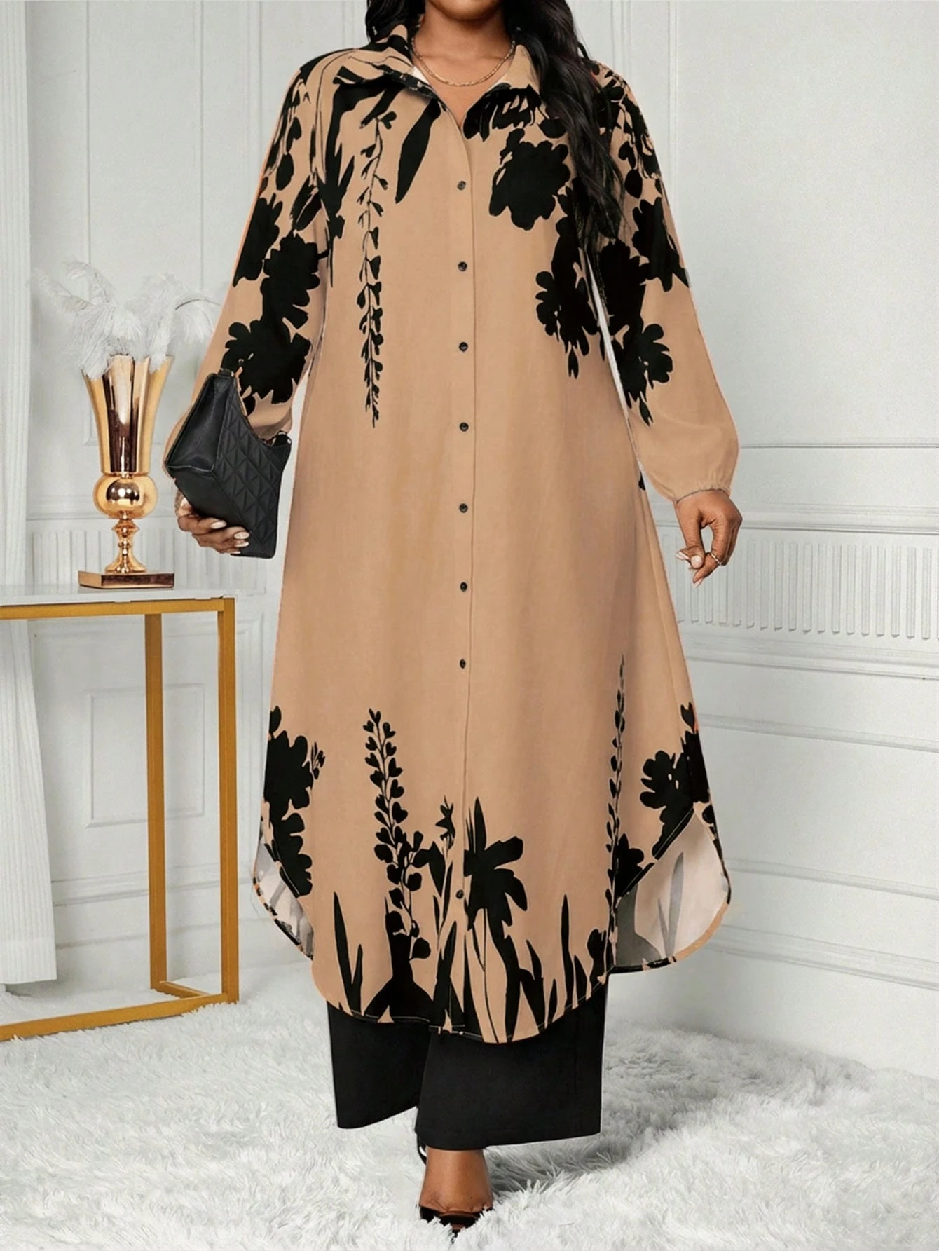 shein lady طقم بلوزة وبنطلون طويل مطبوع للنساء كبيرات الحجم، طقم كاجوال من قطعتين 6