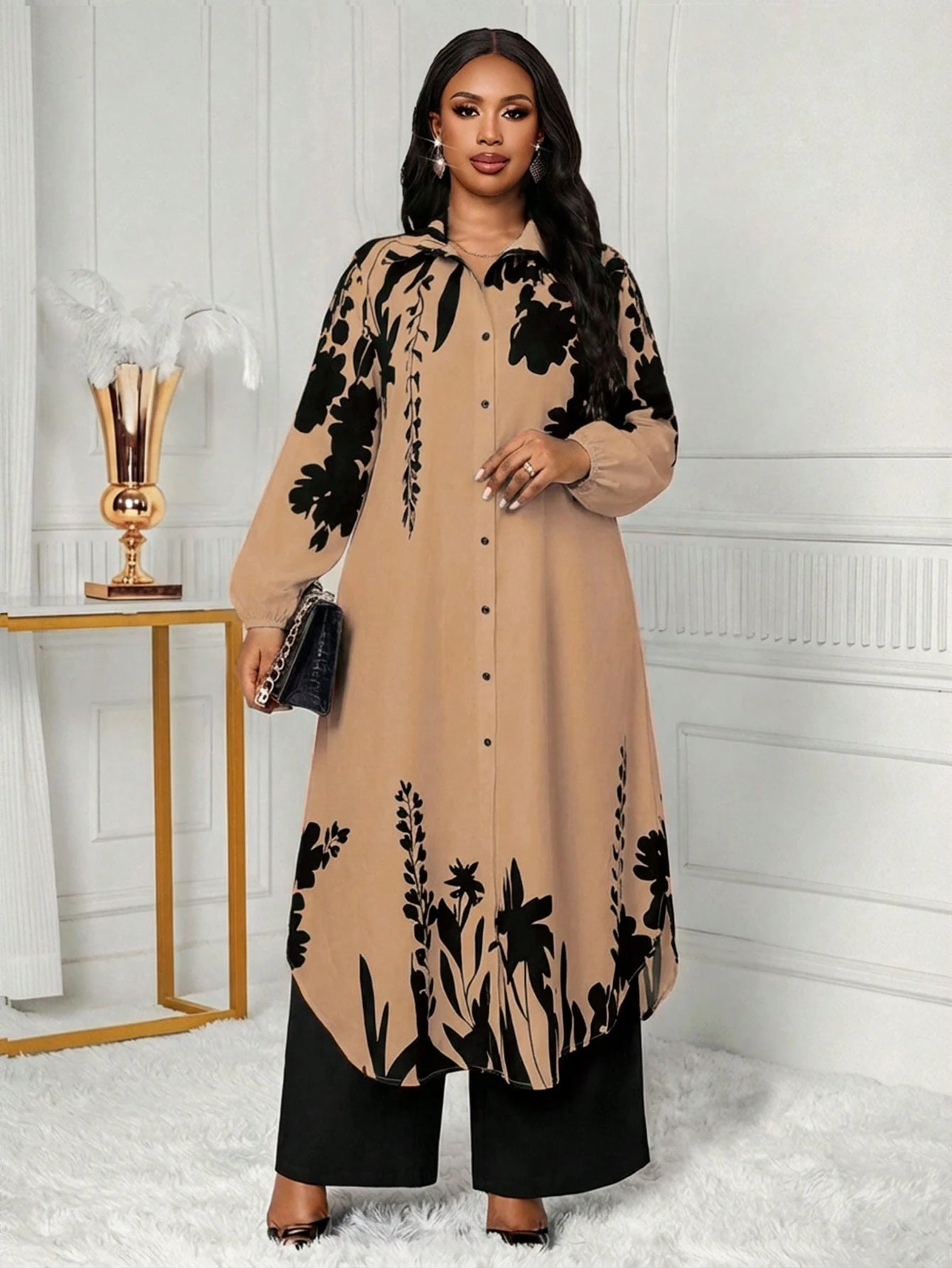 shein lady طقم بلوزة وبنطلون طويل مطبوع للنساء كبيرات الحجم، طقم كاجوال من قطعتين 7