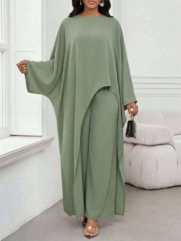 shein lady طقم بلوزة وبنطلون واسع الساق ذو لون أحادي وحافة غير متماثلة، طقم كاجوال مكون من قطعتين للنساء 3
