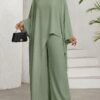 shein lady طقم بلوزة وبنطلون واسع الساق ذو لون أحادي وحافة غير متماثلة، طقم كاجوال مكون من قطعتين للنساء 6